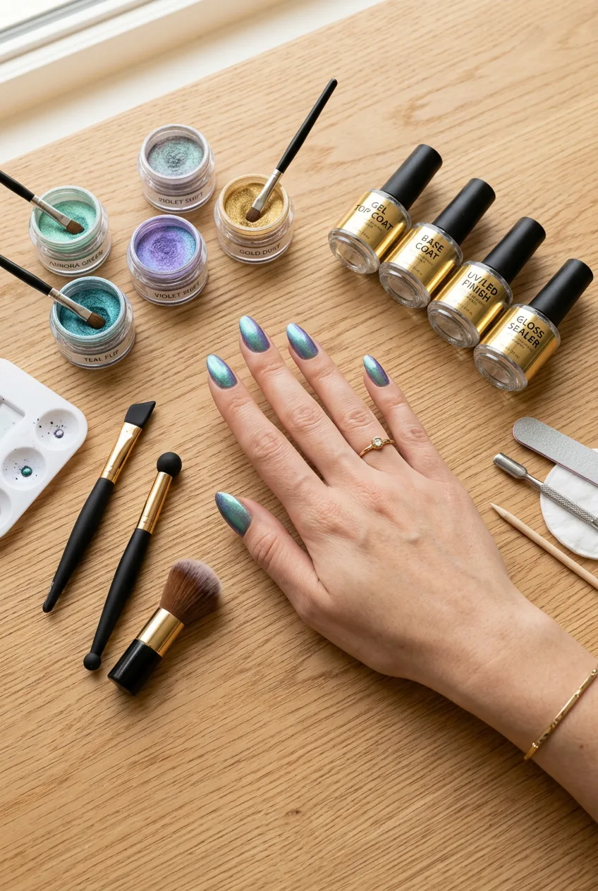 Flat lay of chrome powder nail supplies with a woman's iridescent duochrome nails resting among the tools