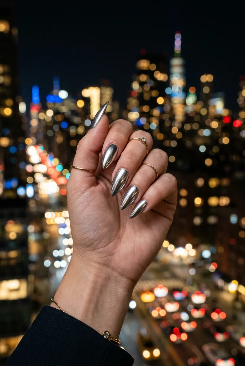 Mirror chrome stiletto nails held up against a blurred city lights background at night