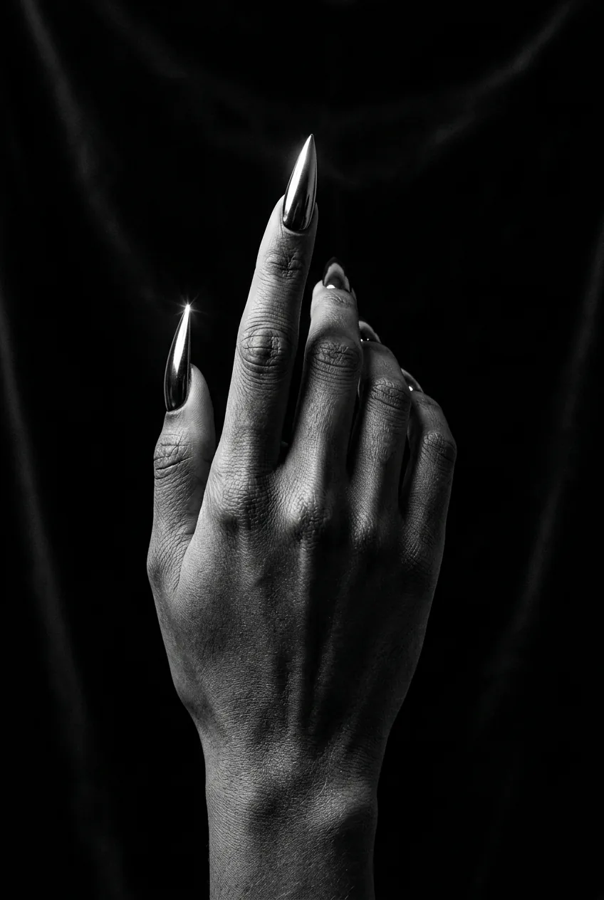 Single hand with true stiletto nails pointed upward showing liquid midnight chrome finish under dramatic side light