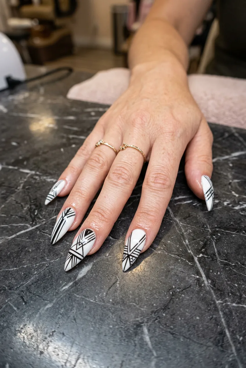 Woman's hand showing stiletto nails with crisp geometric freehand art, clean sidewall edges on dark marble surface