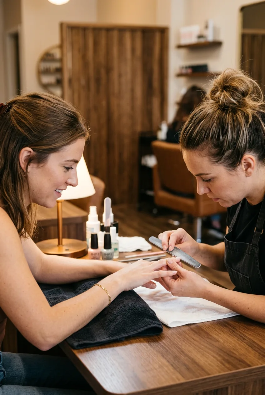 Client leaning forward to watch nail technician file round nail shape at salon table under golden overhead lighting