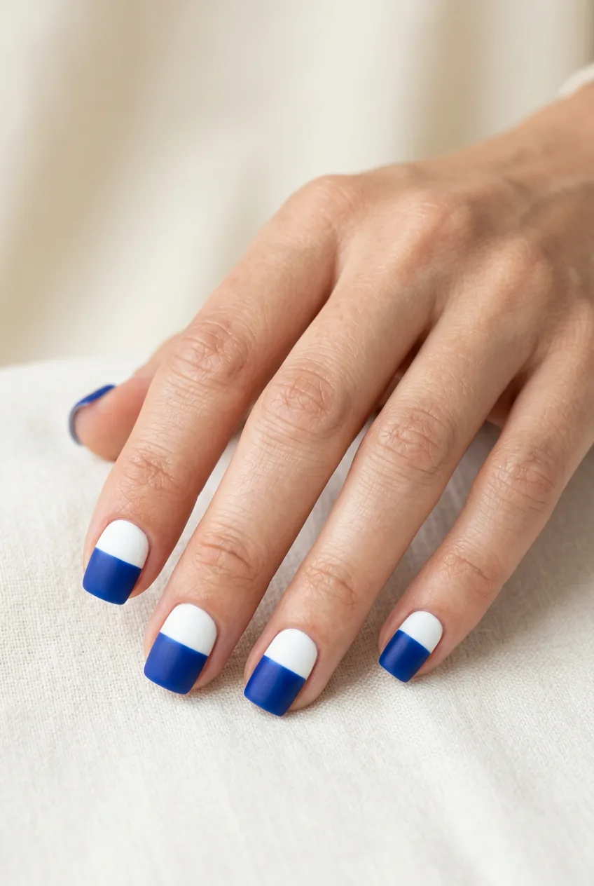Close-up of short square nails with bold cobalt and white two-tone color block design split horizontally