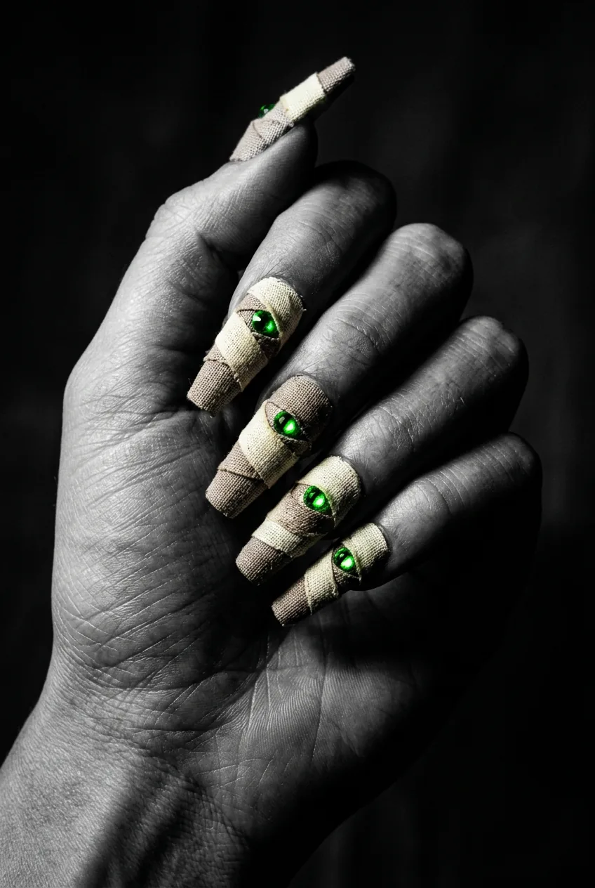 Long coffin-shaped nails in layered cream and taupe linen bandage strips with glowing green crystal gem eyes near tips