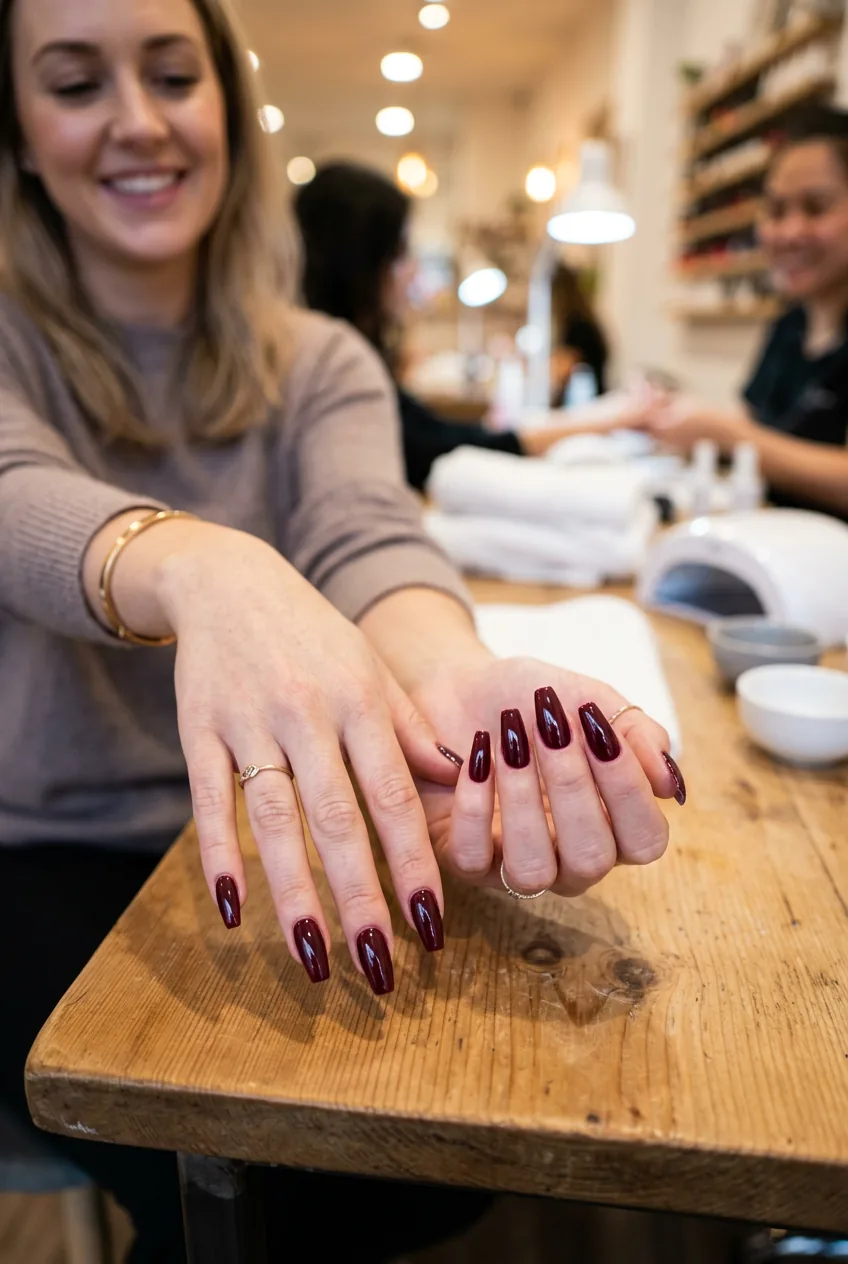 Woman's hands fanned elegantly on salon table showing ten finished coffin nails in glossy burgundy gel polish