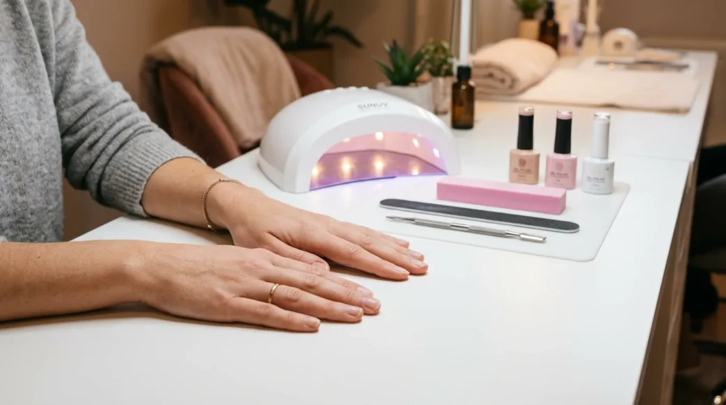 Bare hands resting on salon table with nail tools neatly arranged including file buffer cuticle pusher and gel lamp