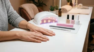 Bare hands resting on salon table with nail tools neatly arranged including file buffer cuticle pusher and gel lamp