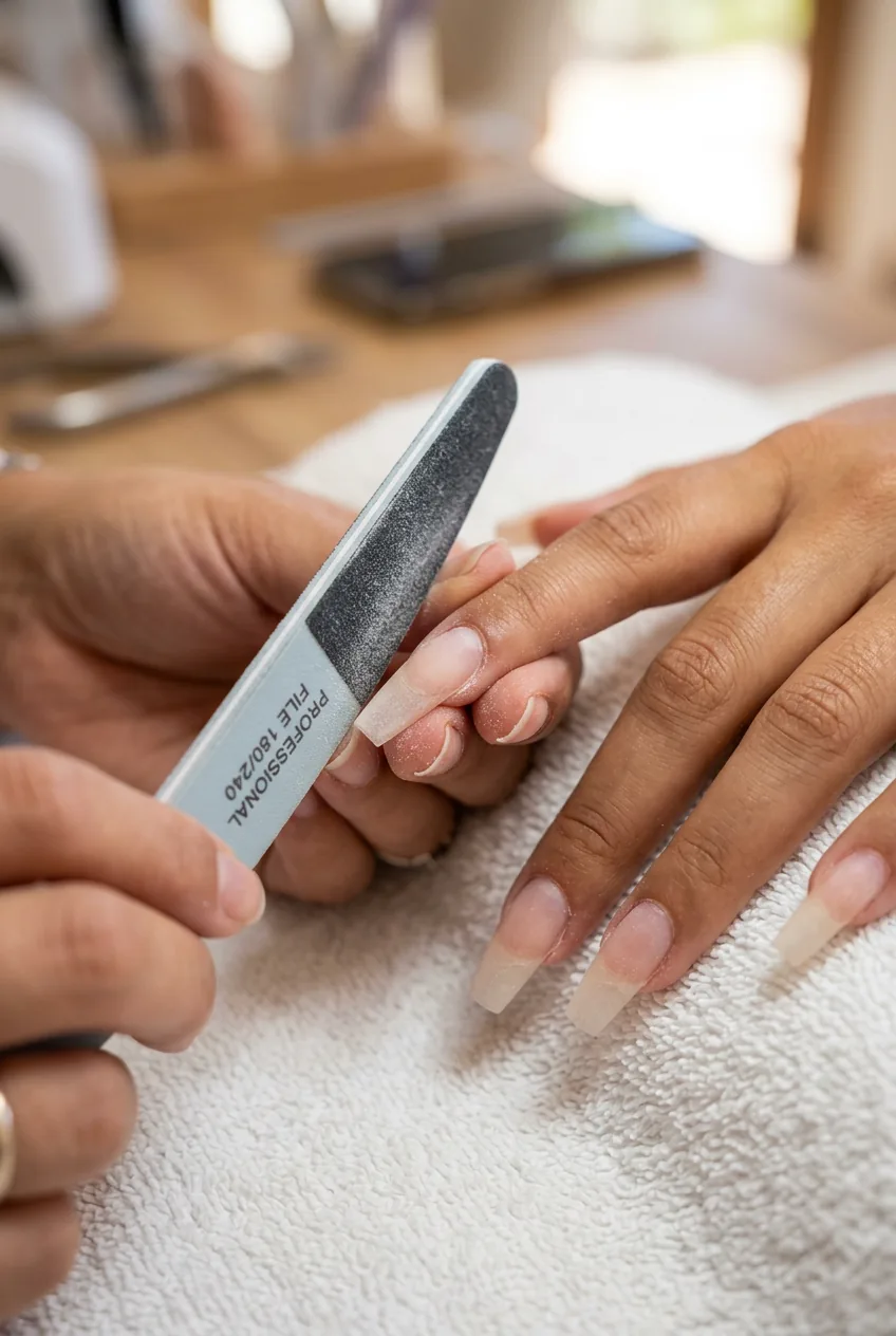 Close-up of coffin nail shape being filed with tapered sides and flat tip emerging on white towel