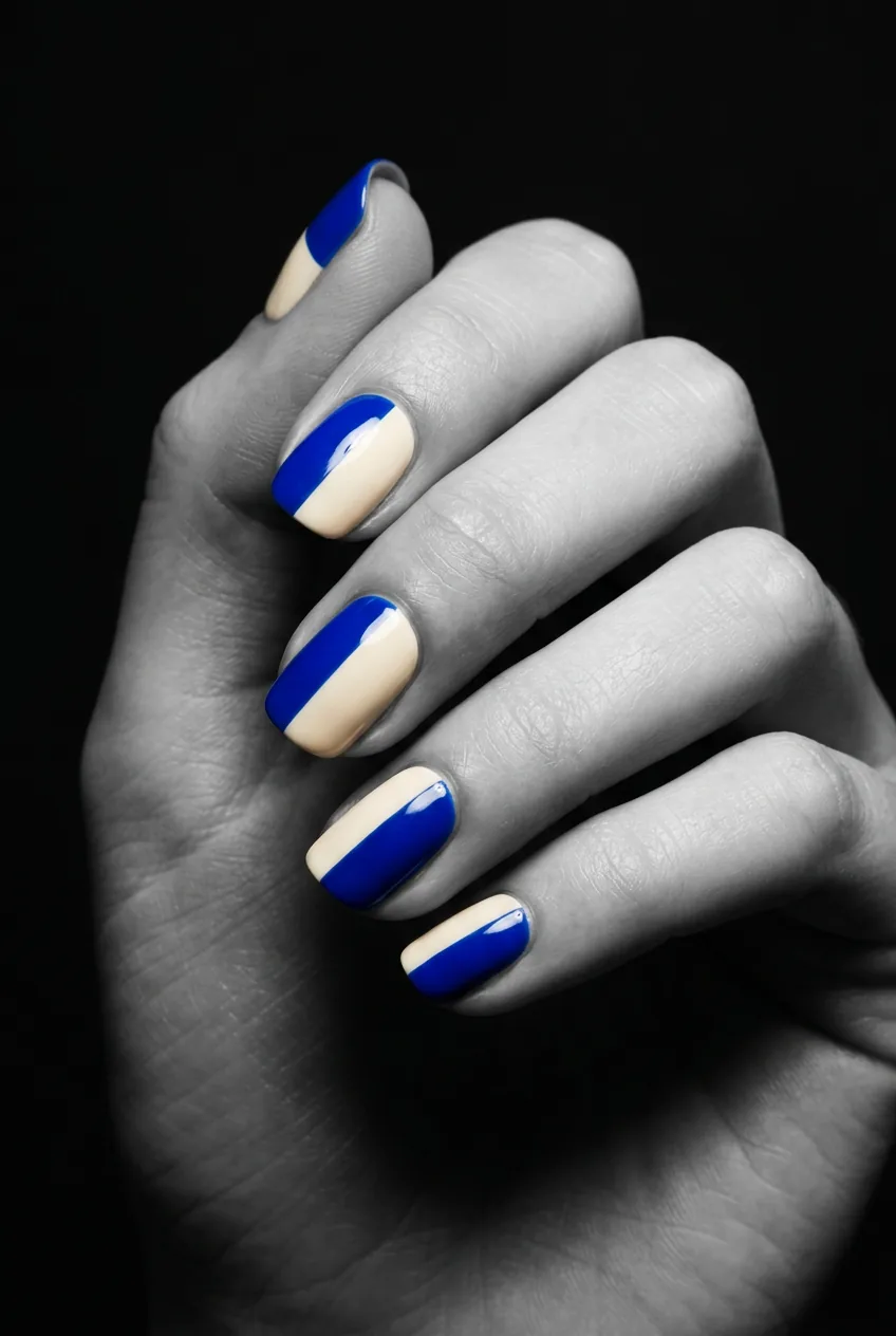 Manicured nails with bold cobalt blue and warm cream geometric colour block design with clean hard edges under dramatic side light