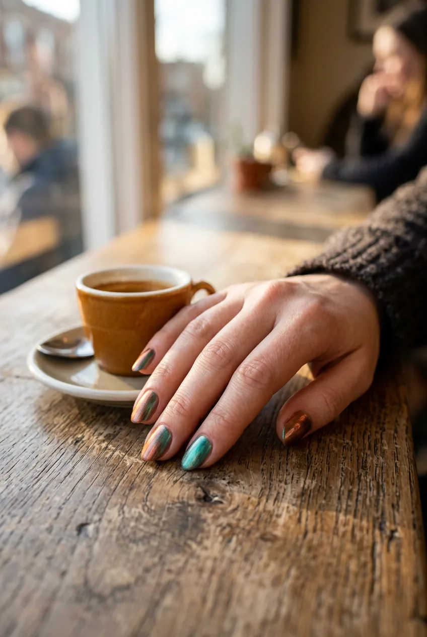 Close-up of copper-to-teal duochrome nails resting on a wooden café table beside an espresso cup