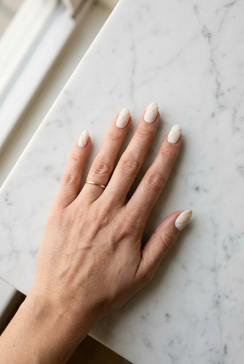 Close overhead view of hand with cream marble nails in matte finish resting on white marble counter in natural light