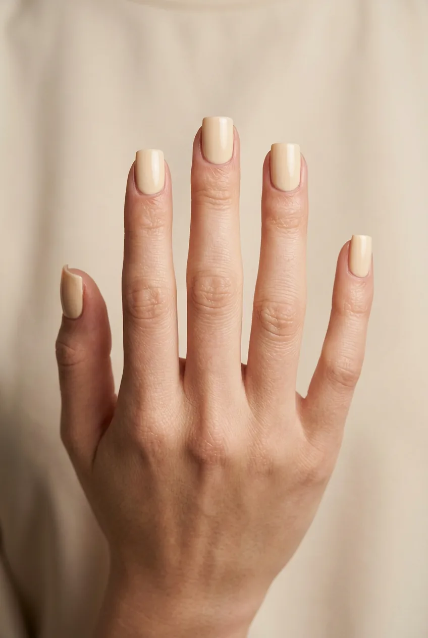 Close-up of five short square nails with opaque warm cream polish and precisely filed flat square tips on neutral background