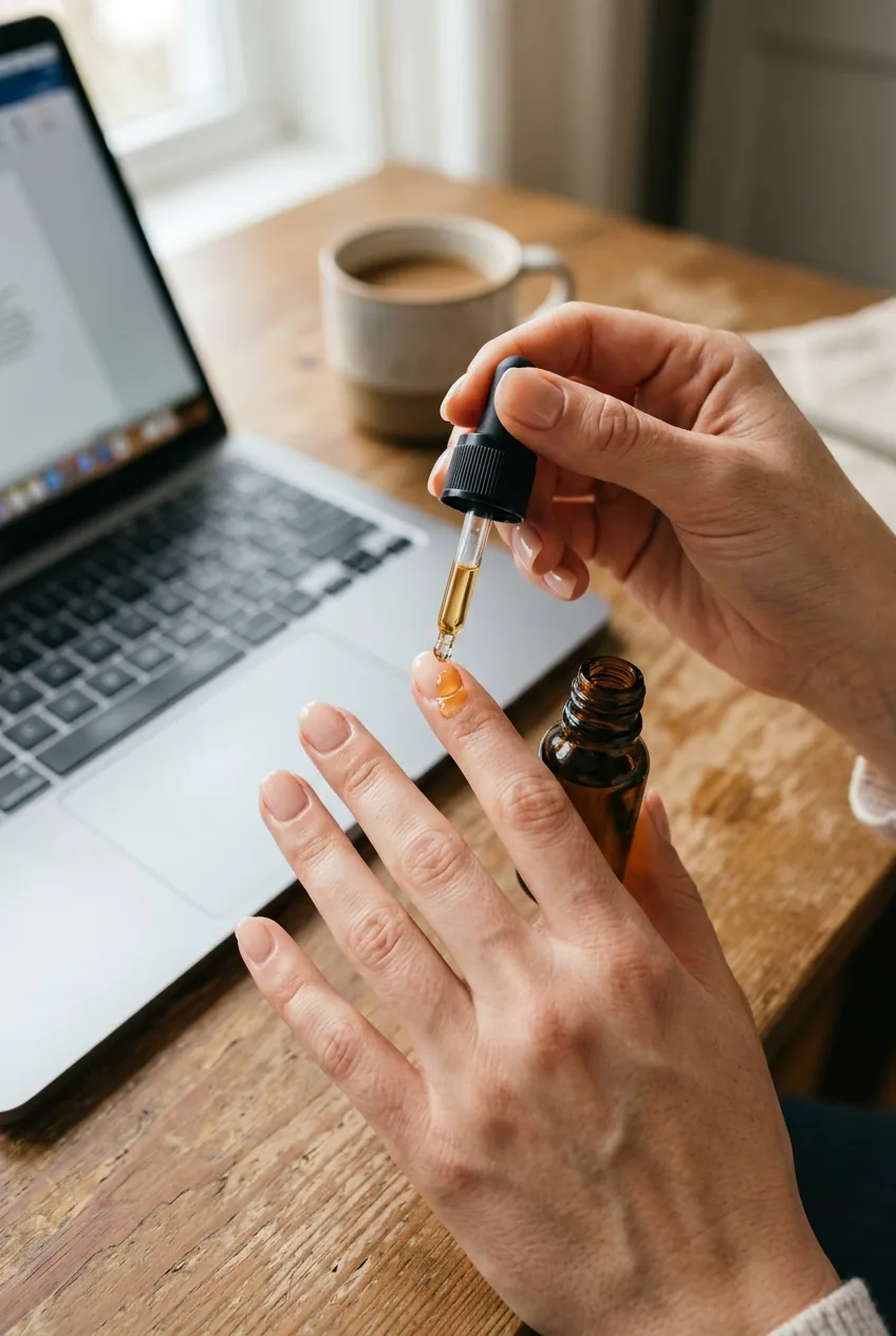 Close-up overhead of a woman applying cuticle oil with a laptop visible in soft focus in the background