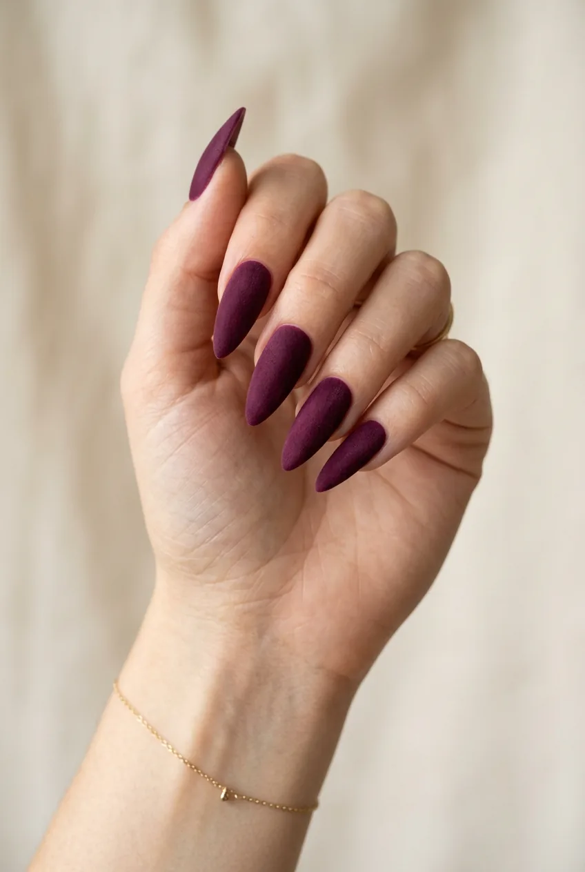 Long stiletto nails in a rich deep berry plum velvet matte suede-like finish on woman's hand