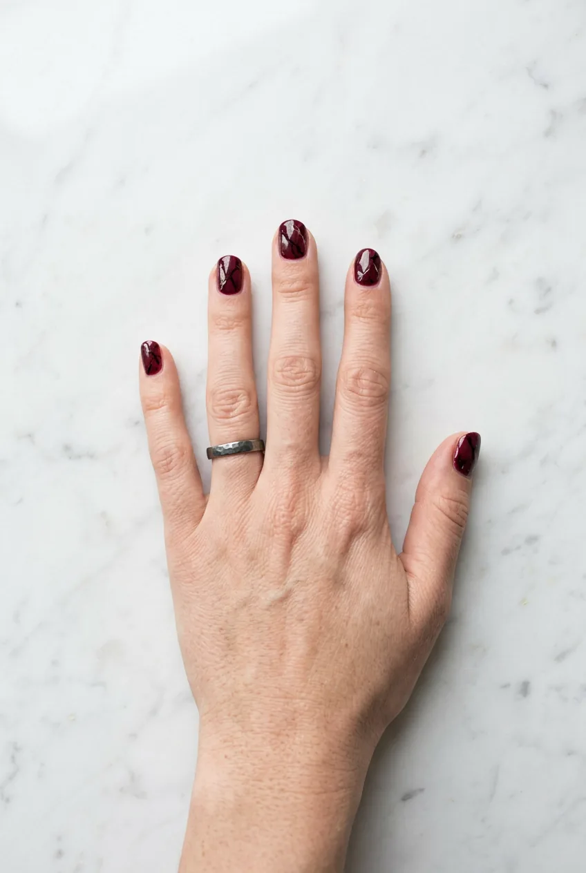 Hand on white marble counter with deep burgundy marble nails showing fine black veining alongside a dark metal ring