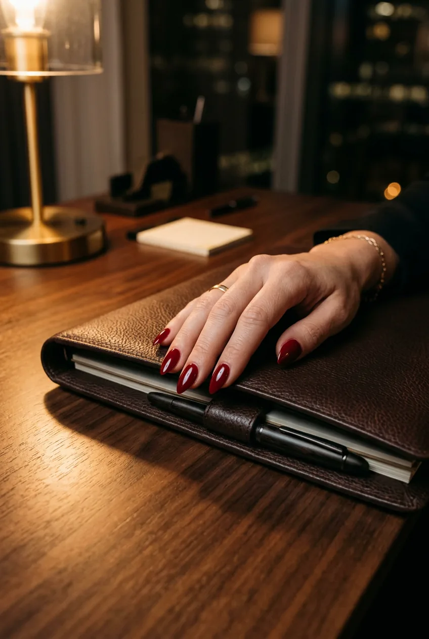 Woman's hand with medium deep red stiletto nails resting on a leather portfolio folder under warm desk lamp light