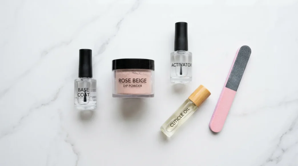Dip powder nail supplies arranged on a marble surface including base coat, activator, powder jar, nail file, and cuticle oil in natural daylight