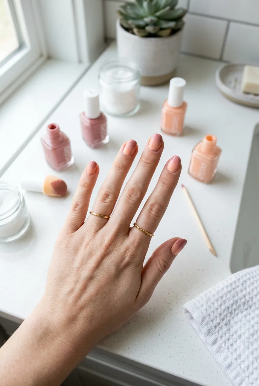Hand with DIY sponge-applied peach and dusty rose ombre nails over bathroom countertop with polish bottles
