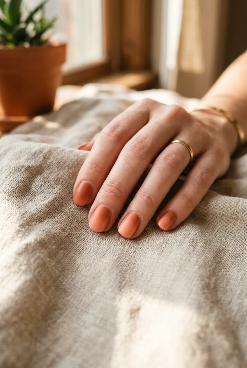 Hand with handmade terracotta to peach DIY ombre nails resting on textured linen in warm light