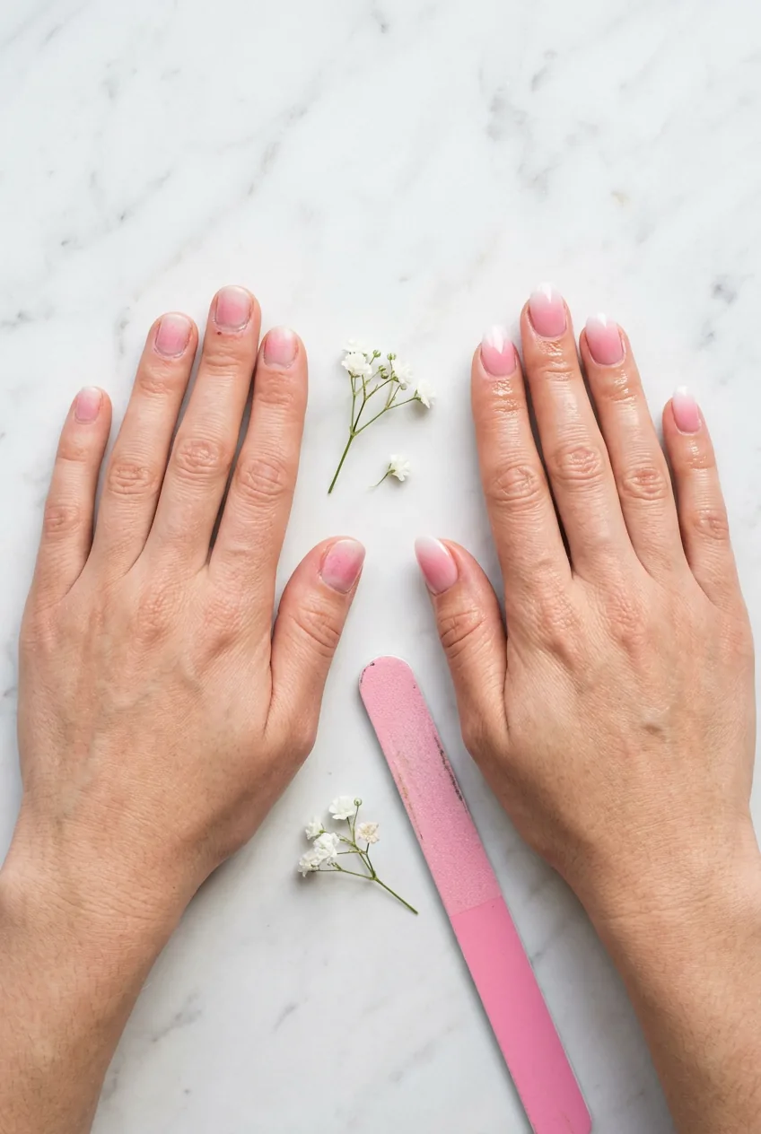 Two hands side by side comparing DIY ombre and salon gel gradient nails on marble surface