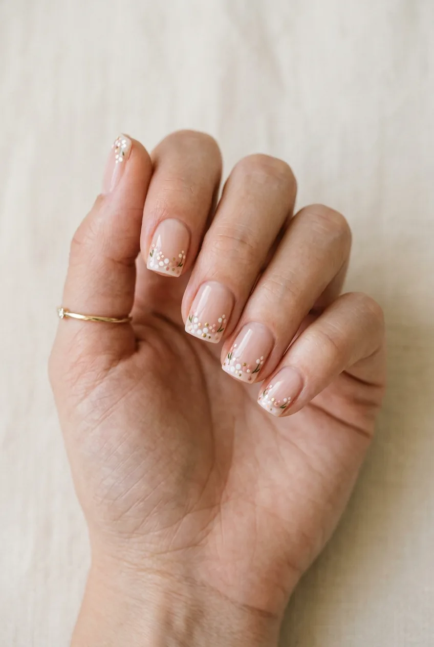 Short square nails with tiny delicate dot floral design in blush and white near tips on sheer base