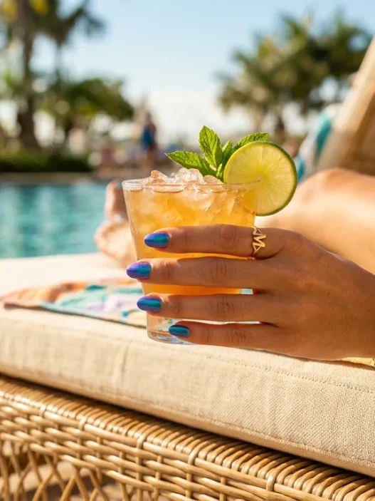 Manicured hand with duochrome blue-violet nails holding a citrus cocktail glass on a sunlit pool deck