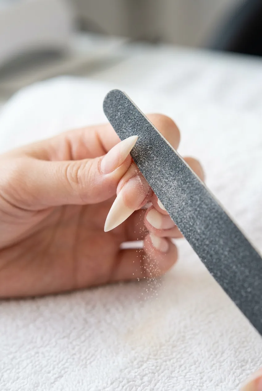 Nail file positioned at 45-degree angle against the left side wall of a long stiletto nail with fine dust falling