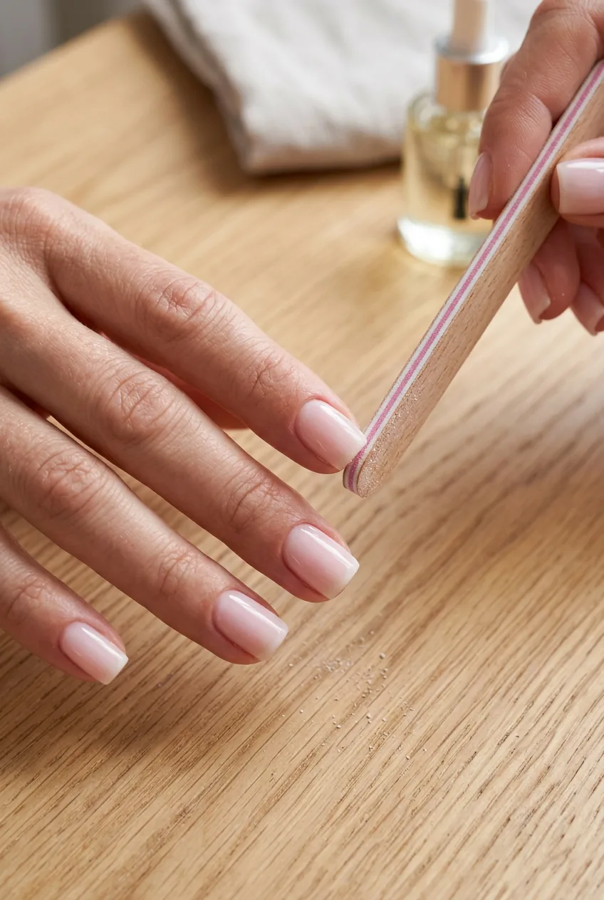 Macro close-up of short square nails being filed at corner angle with milky pink polish applied