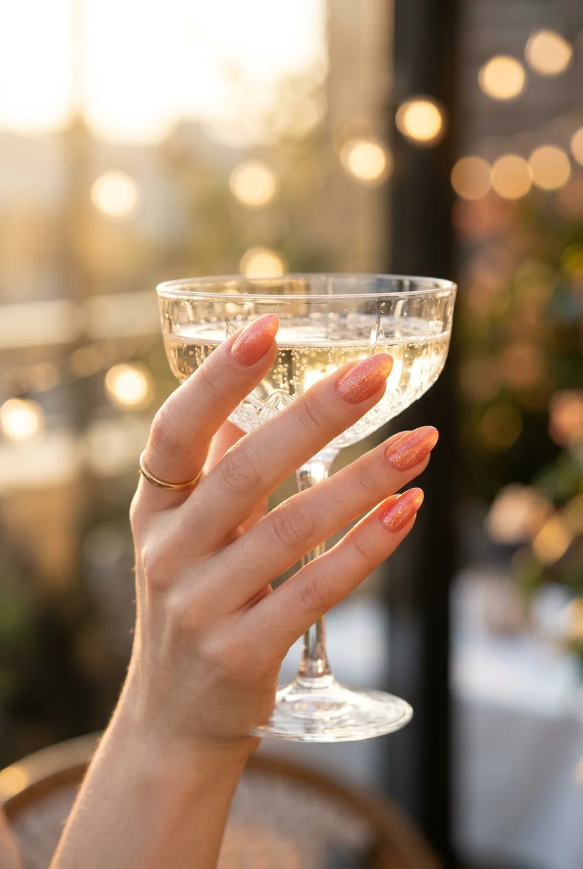Close-up of manicured hand with fine shimmer glitter over coral nail polish, warm sunlit party setting