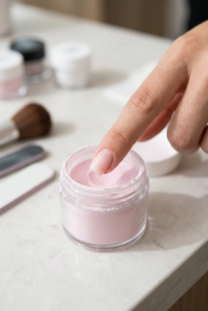 Close-up of a woman's fingertip being dipped at an angle into a small open jar of pastel rose beige dip powder on a salon counter in bright daylight
