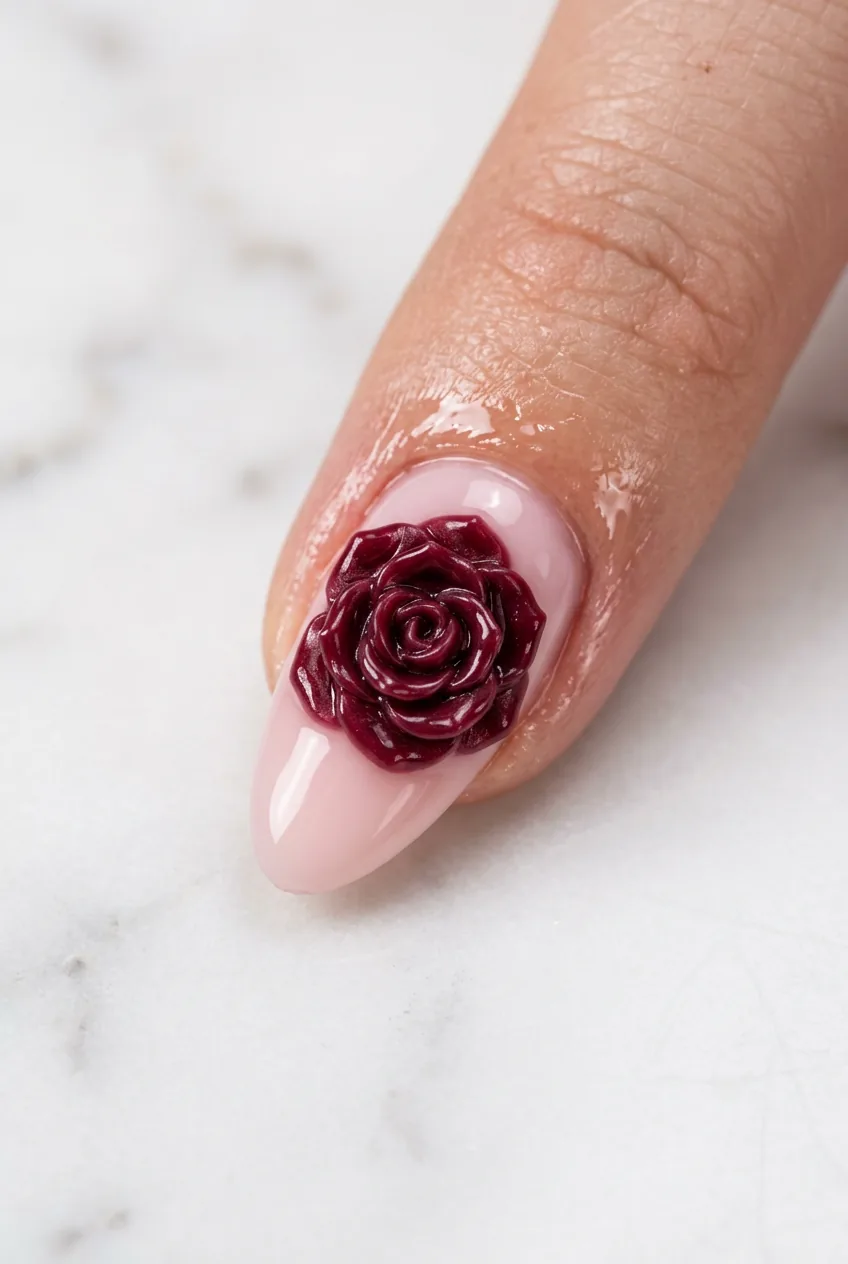 Finished 3D acrylic rose nails with glossy top coat and cuticle oil on a pale pink base, resting on white marble