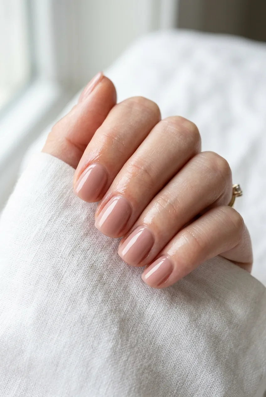 Close-up of a finished short squoval rose beige dip powder manicure with glossy finish and cuticle oil on white linen in natural light