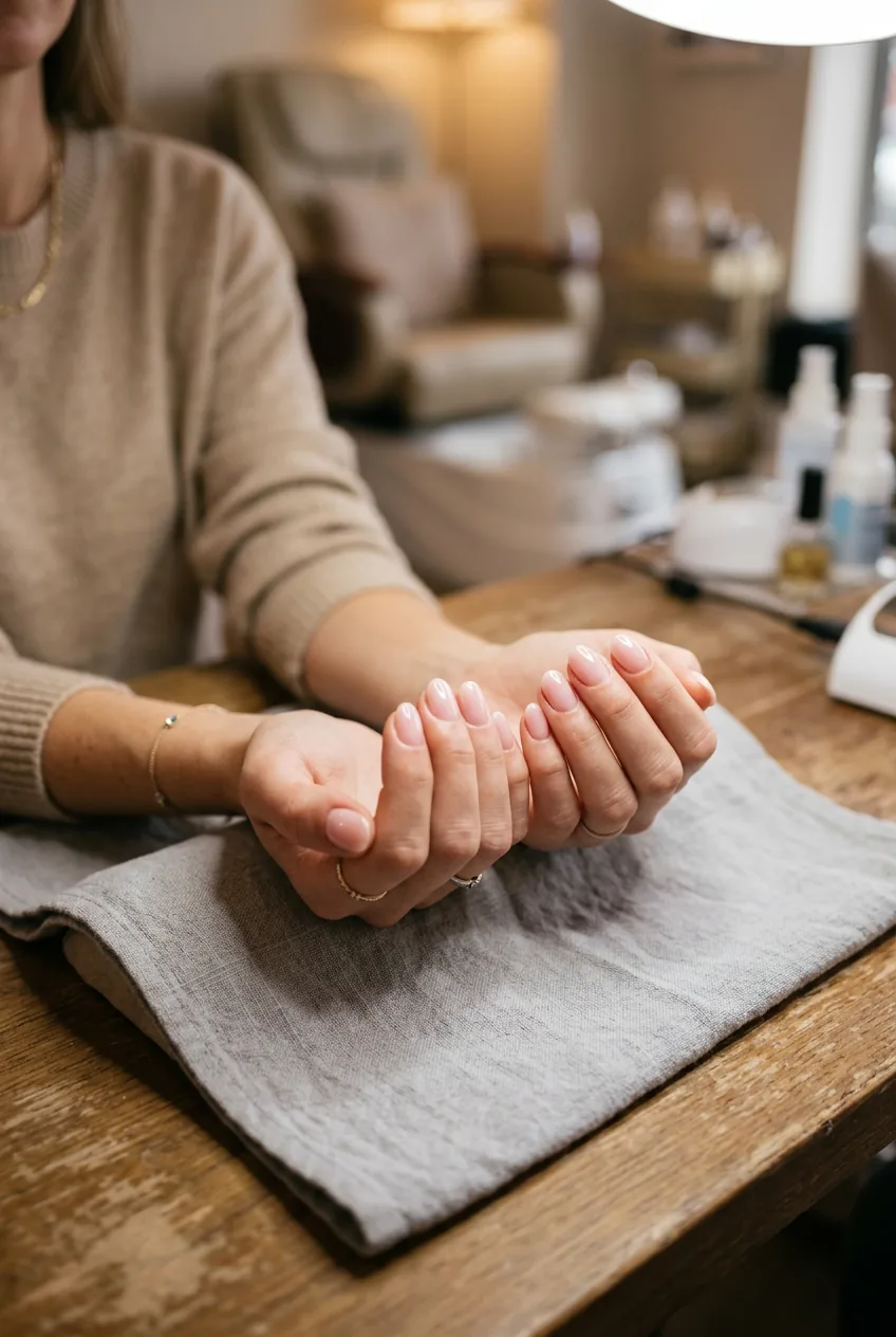 Woman's hands elegantly displayed on salon table showing ten finished round nails in glossy sheer pink gel manicure
