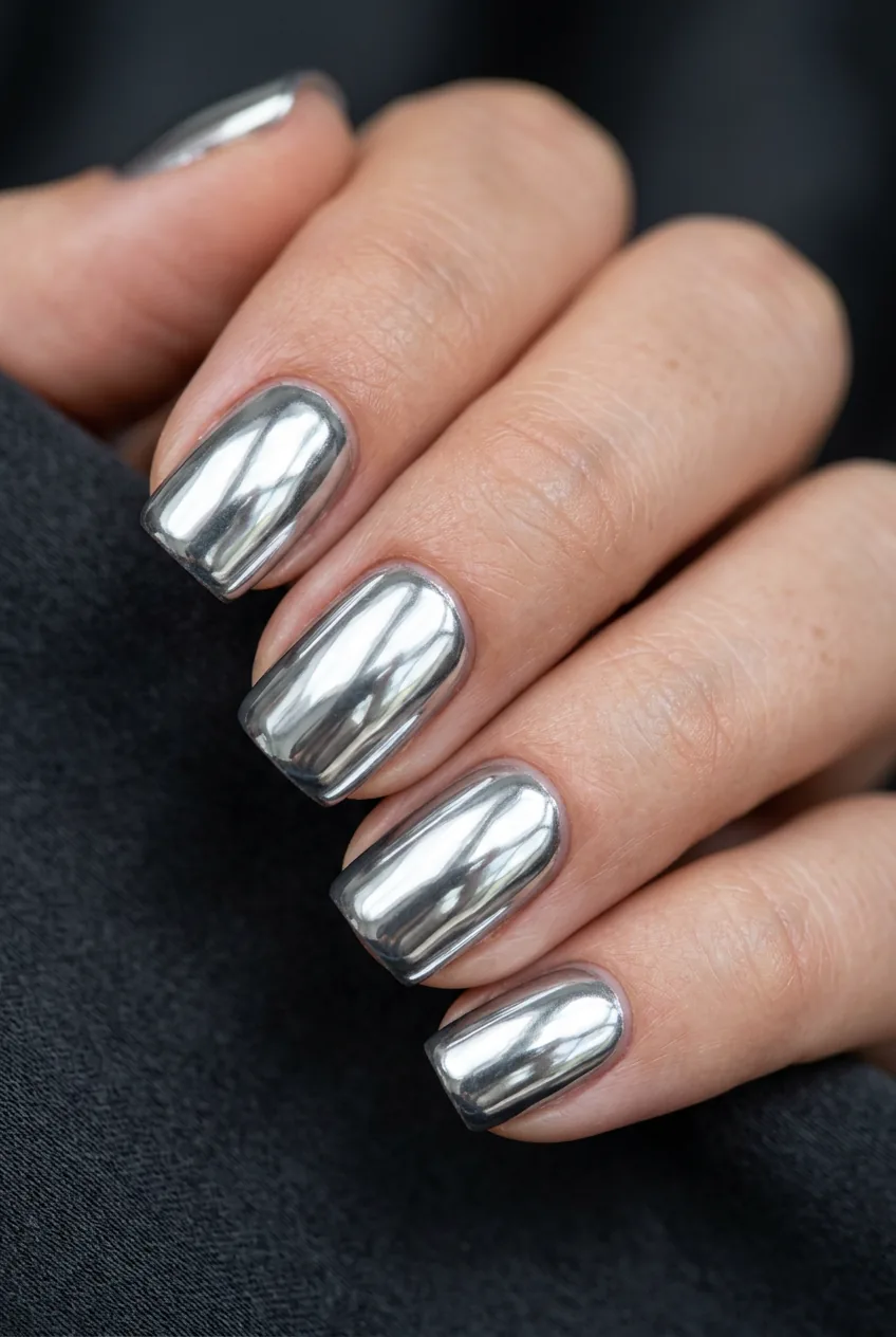 Fully finished silver chrome monochrome squoval nails reflecting ambient light with deep charcoal base visible at free edge