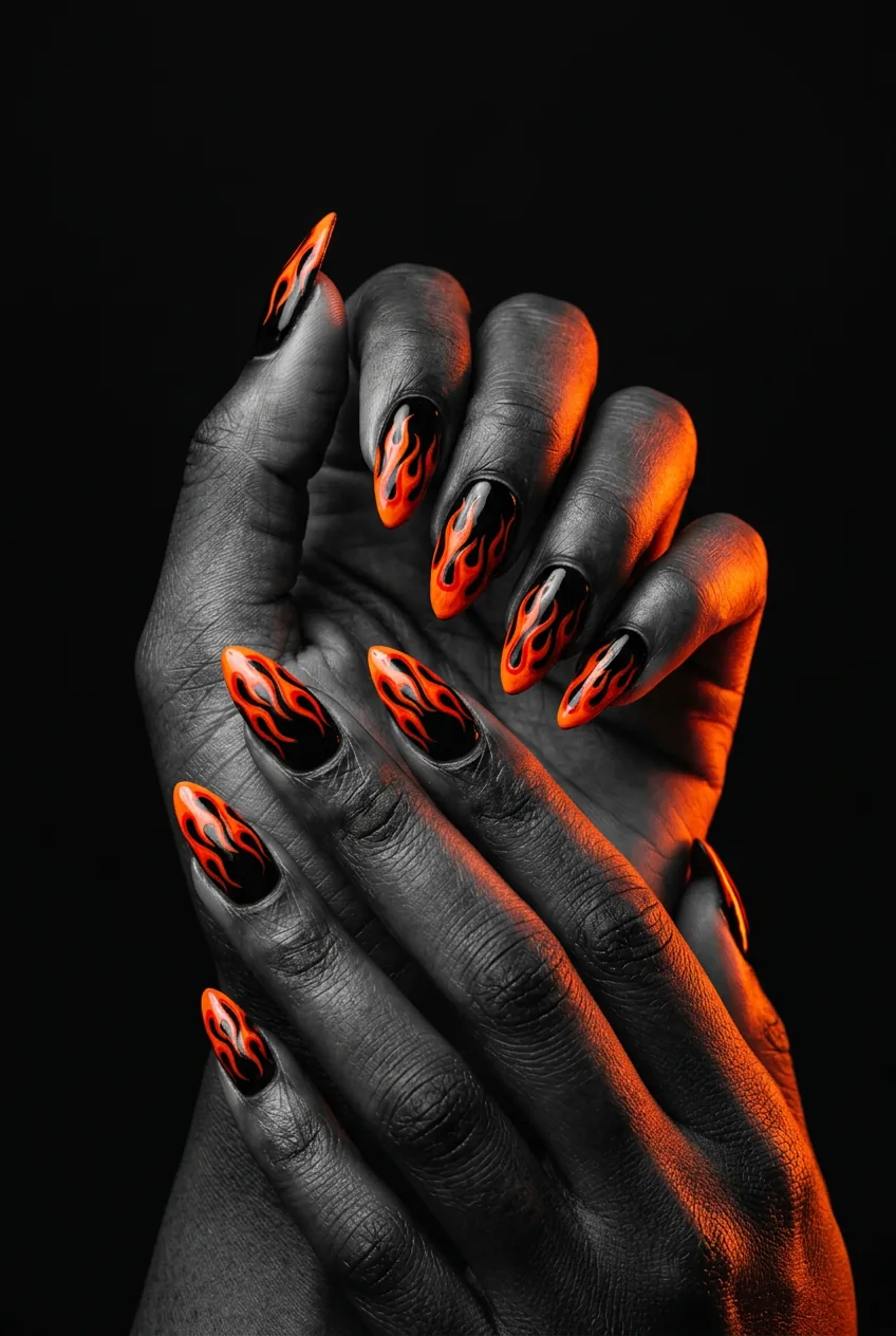 Manicured hand with graphic flame art stiletto nails in orange and red outlined flames on black base under warm neon side light