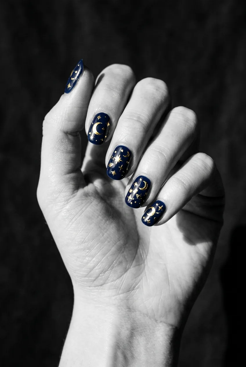 Tilted hand displaying deep navy nails with gold foil crescent moon and scattered star shapes gleaming in dramatic light