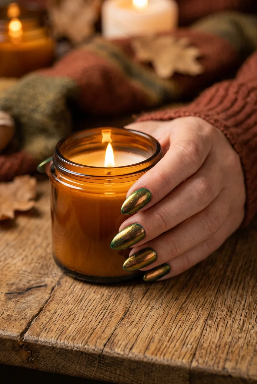 Forest green nails with gold-to-bronze duochrome shift holding an amber candle in warm candlelight