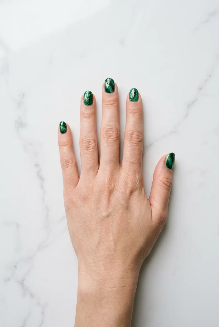 Overhead shot of hand on white marble surface with forest green and fine gold veining marble nail design in natural light