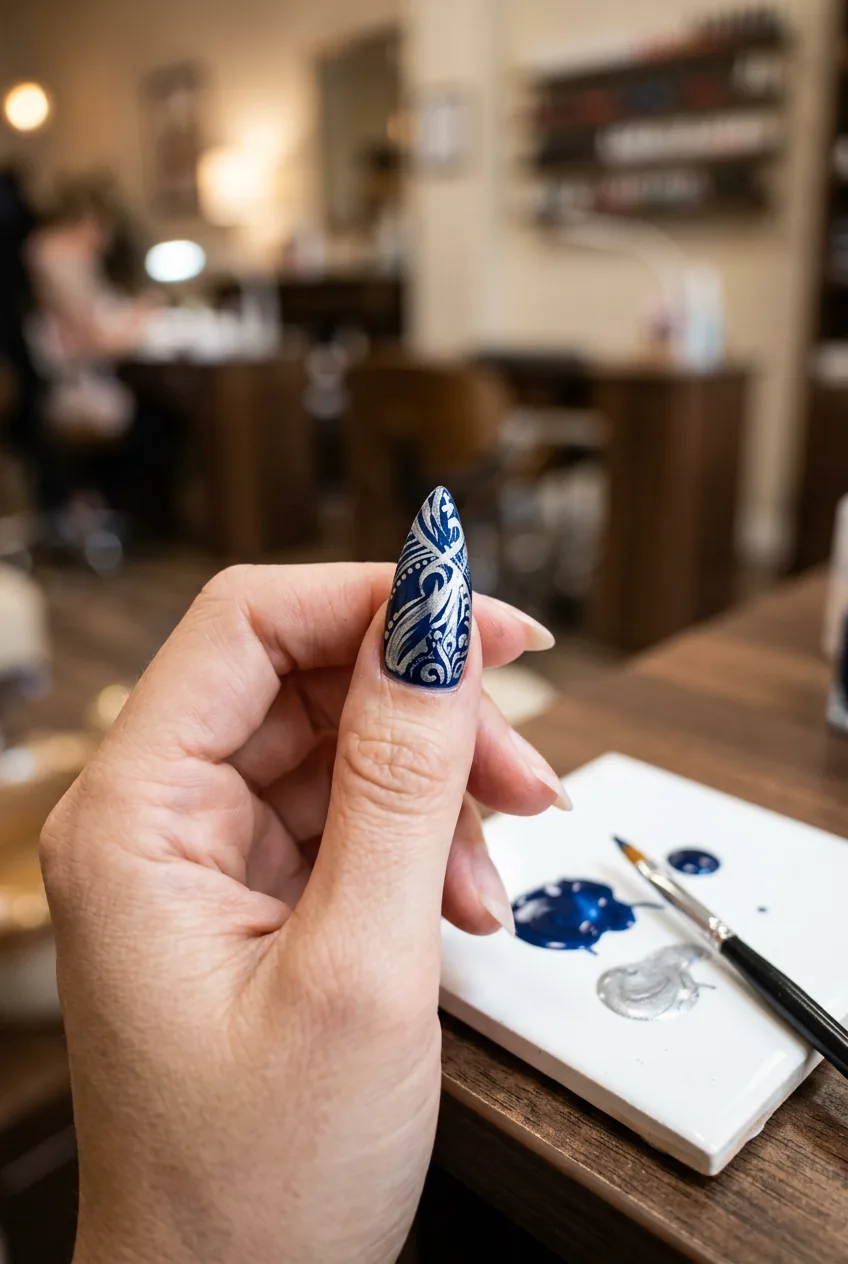 Close-up of a single stiletto nail with partially complete freehand brushstroke design in midnight blue and silver
