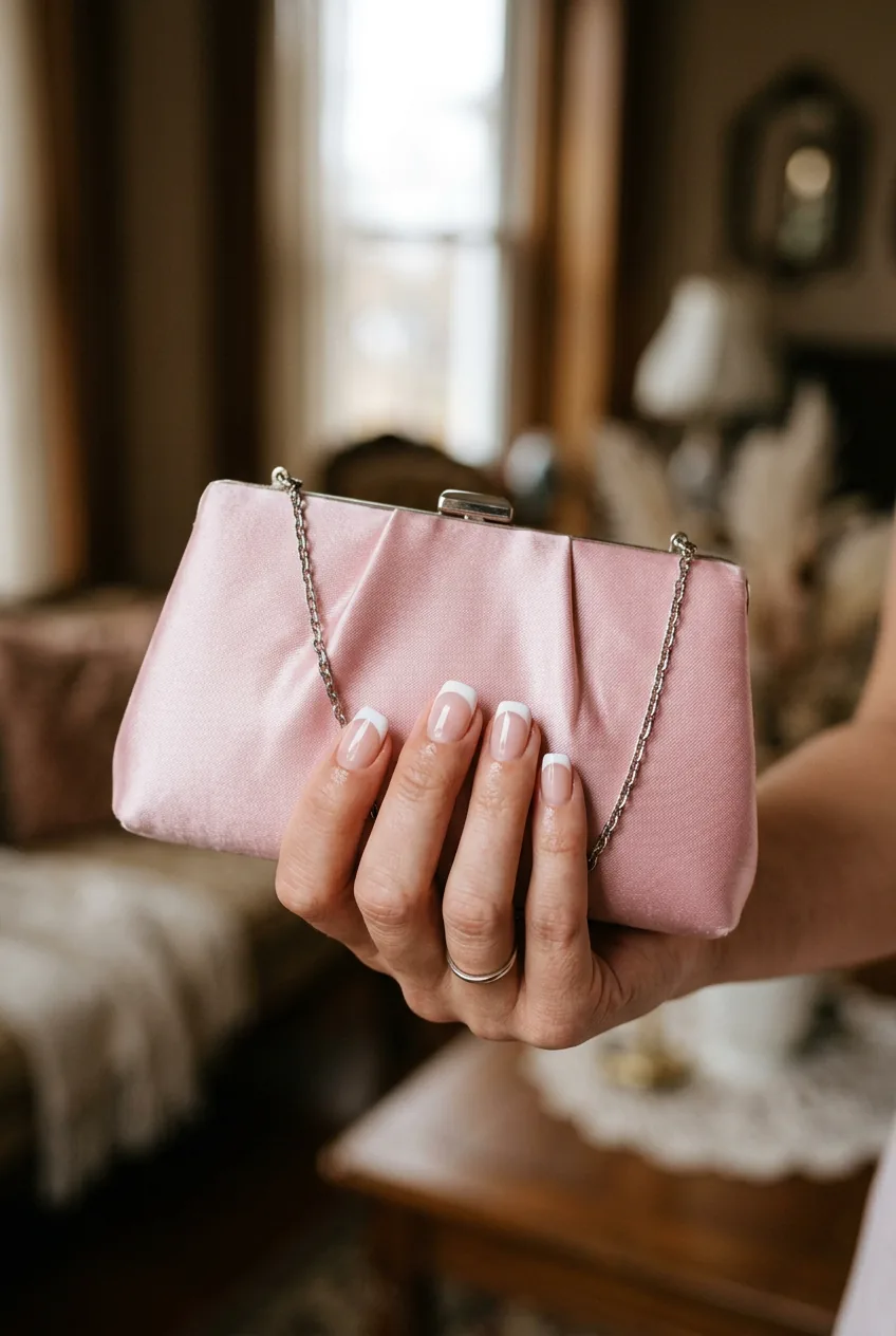 Manicured hand with classic white French tip nails holding a pale pink satin evening clutch in soft neutral light