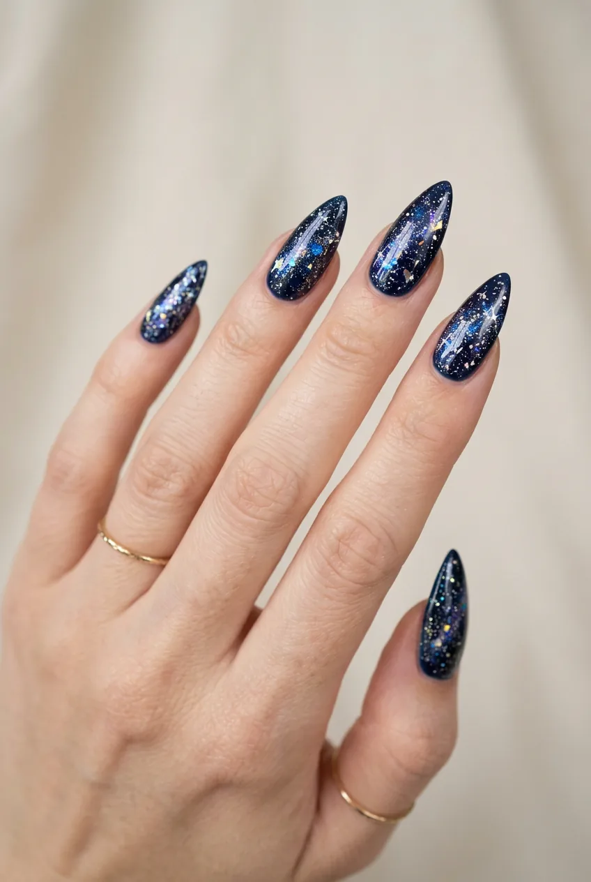 Stiletto nails in deep navy with scattered micro-glitter and iridescent foil creating a galaxy starfield effect