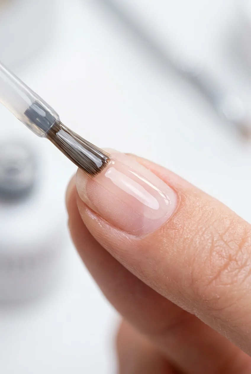 Macro shot of a thin gel base coat being applied across a prepared nail with a flat brush in bright studio lighting