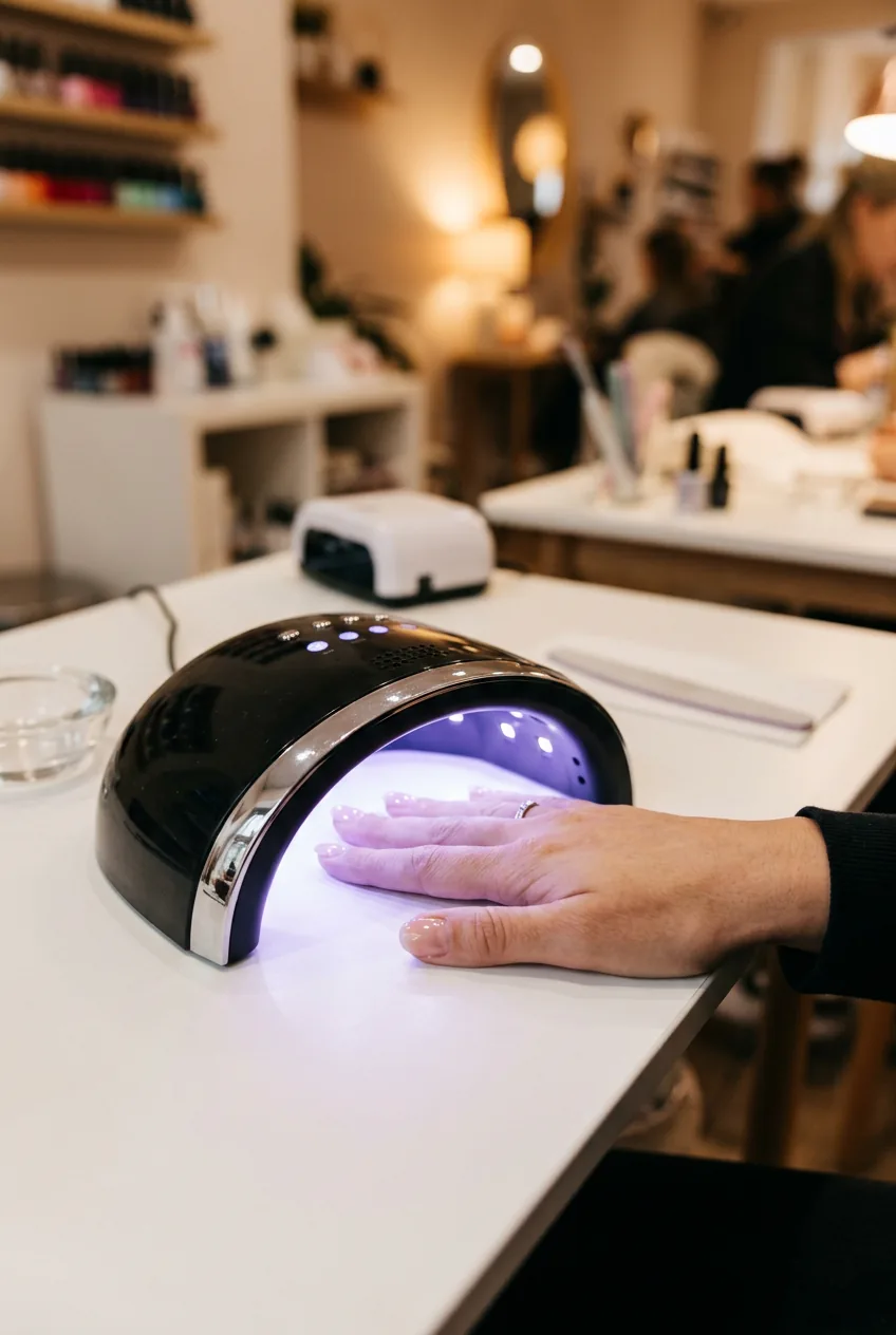 Woman's hand under glowing UV LED nail lamp with clear base coat applied on coffin-shaped nails