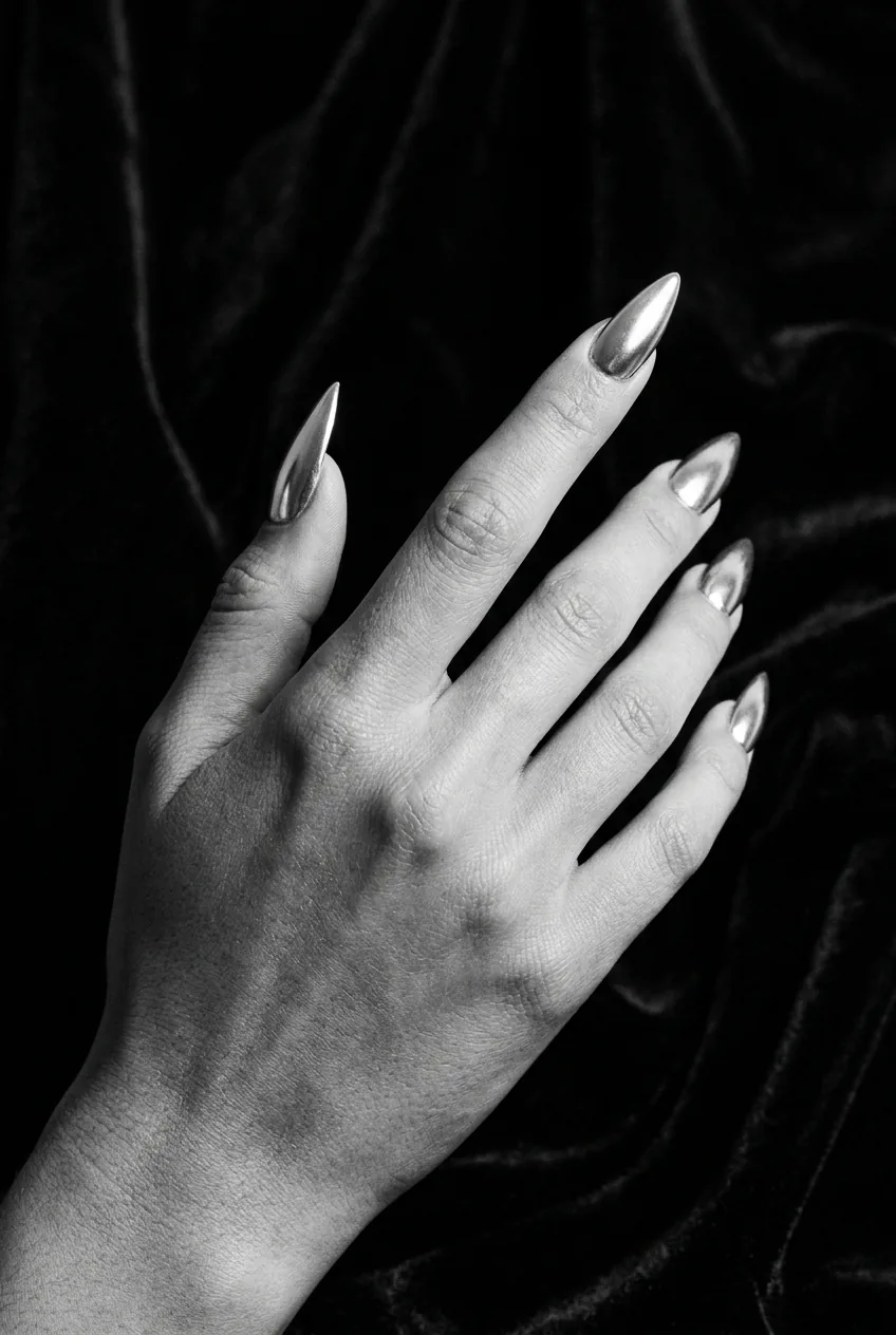 Single manicured hand with long gel extension stiletto nails in mirror-finish chrome silver against dark velvet, fingers fanned slightly