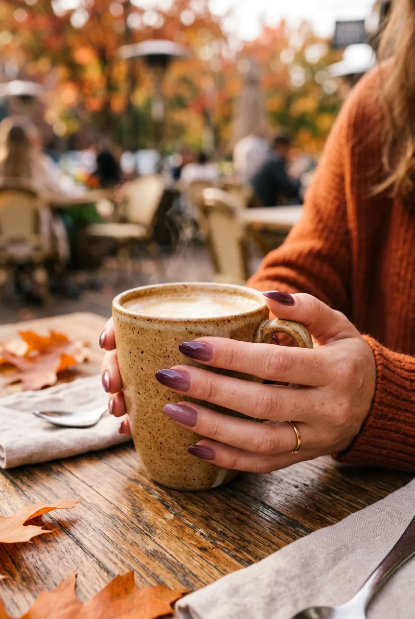 Hand with deep plum to mauve gel ombre nails holding coffee mug at autumn cafe table