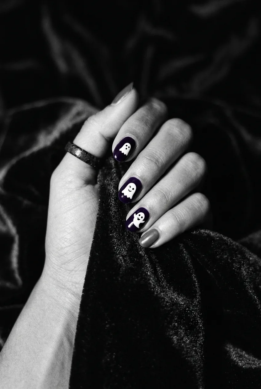 Hand with curled fingers showing midnight purple nails with small white cartoon ghost face designs on three accent nails