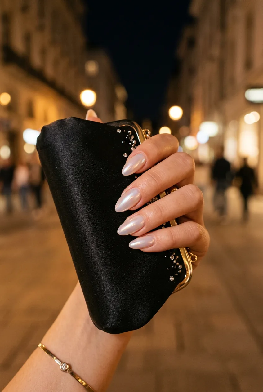 Glazed iridescent almond nails holding a small satin clutch bag under warm amber evening street-lamp light