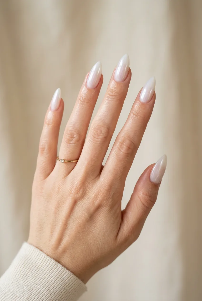 Close-up of five medium stiletto nails with sheer translucent milky white glazed finish and pearl-like inner glow
