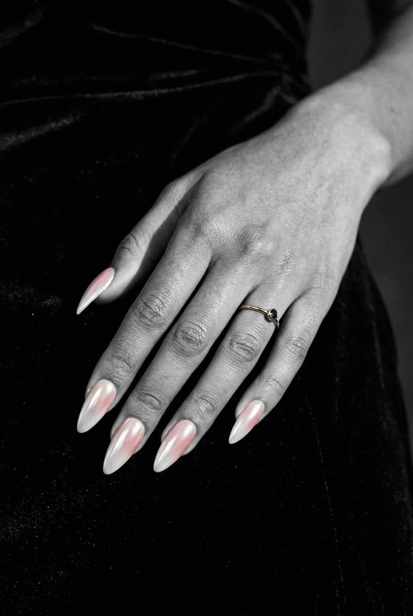 Manicured hand with stiletto nails in milky glazed donut pearl chrome shifting between white and iridescent blush under angled side light