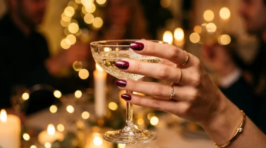 Close-up of manicured hand with deep glossy glitter nails holding champagne coupe in golden party light