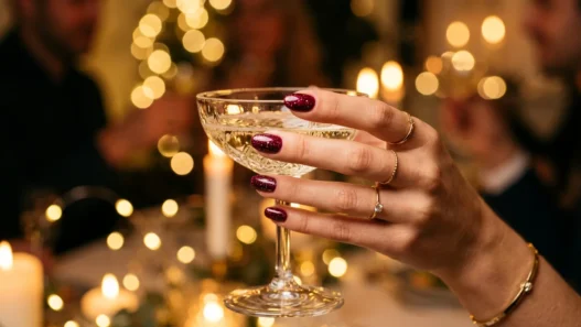 Close-up of manicured hand with deep glossy glitter nails holding champagne coupe in golden party light